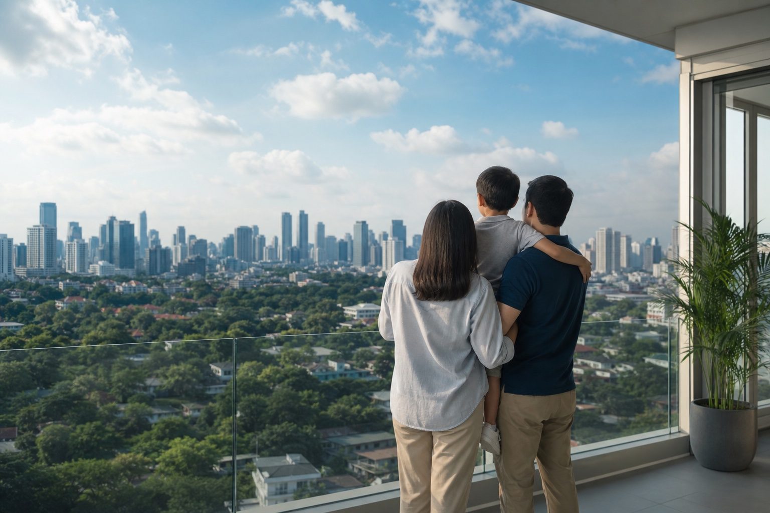 A couple looking out over the city from their home