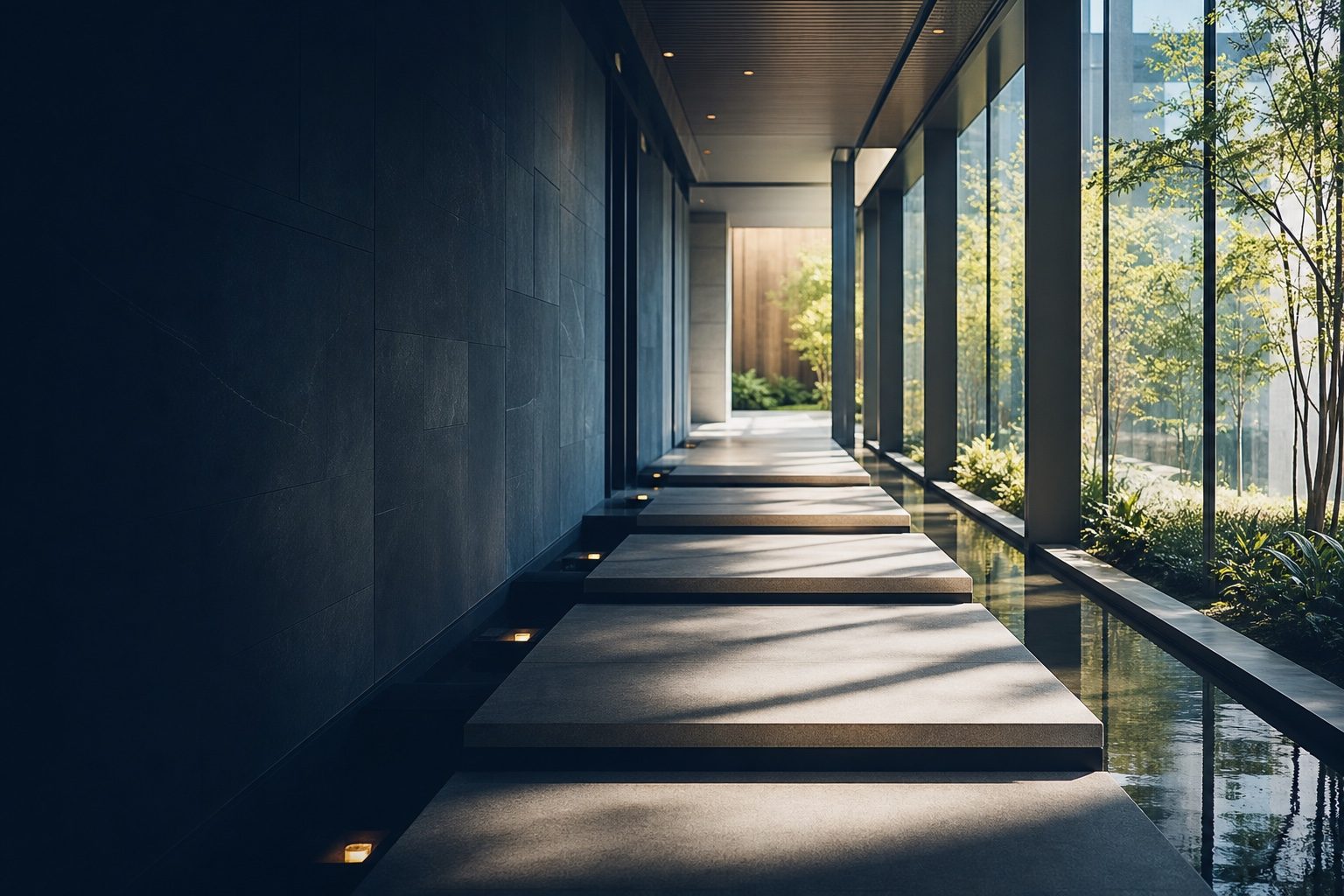 A quiet corridor lit by soft daylight