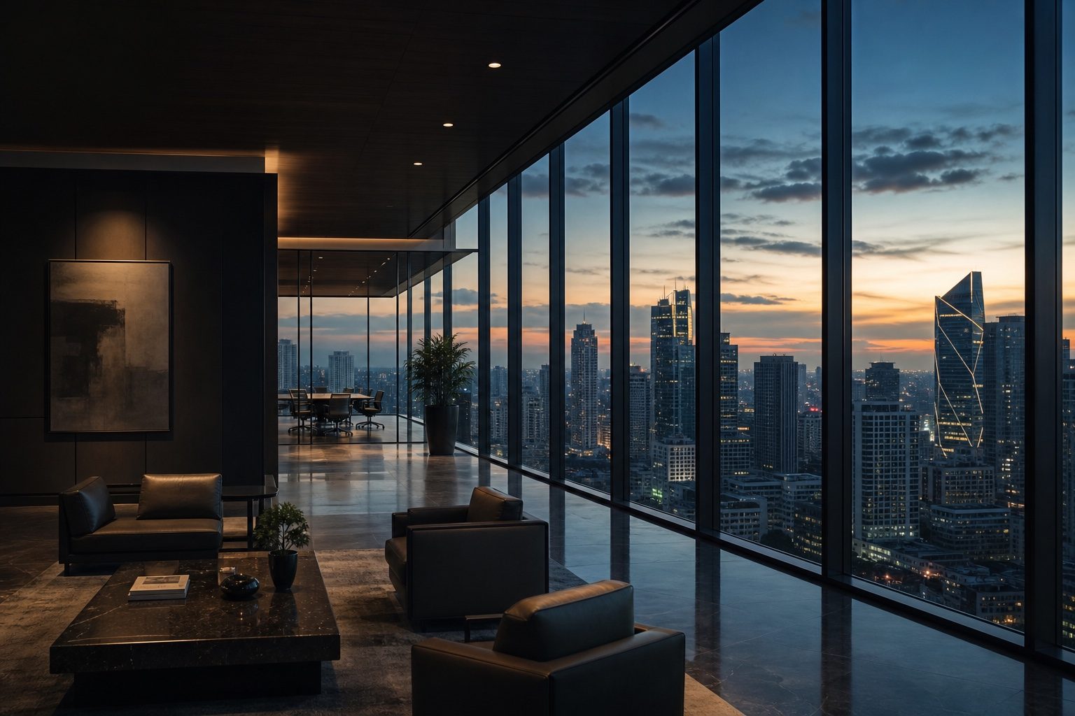 An office lounge overlooking the city at dusk