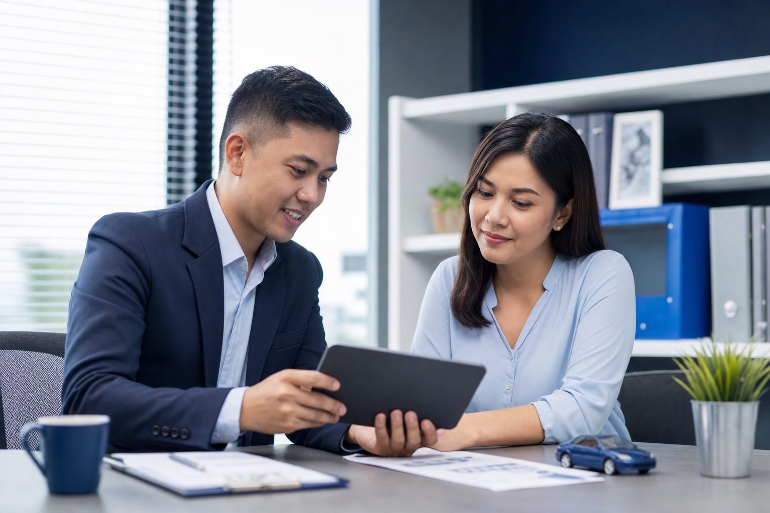An advisor reviewing options with a client on a tablet